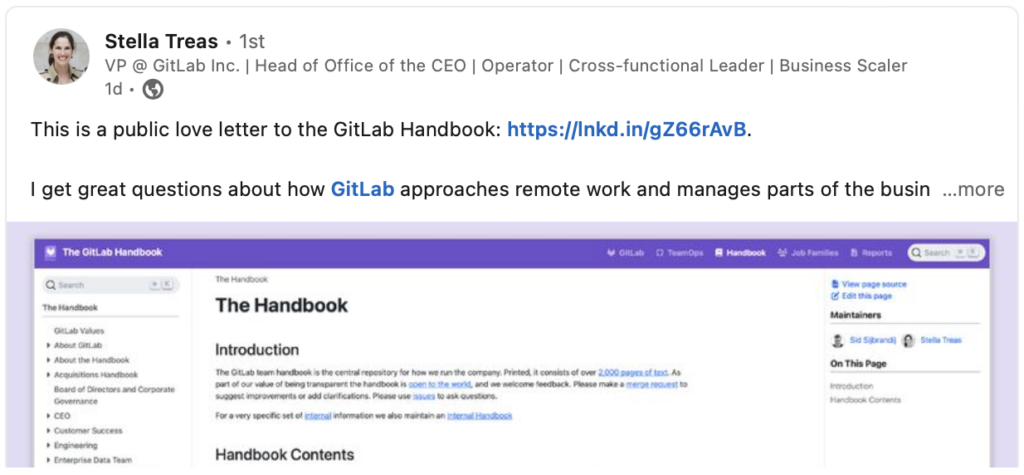 LinkedIn post by Stella Treas: "This is a public love letter to the GitLab Handbook"